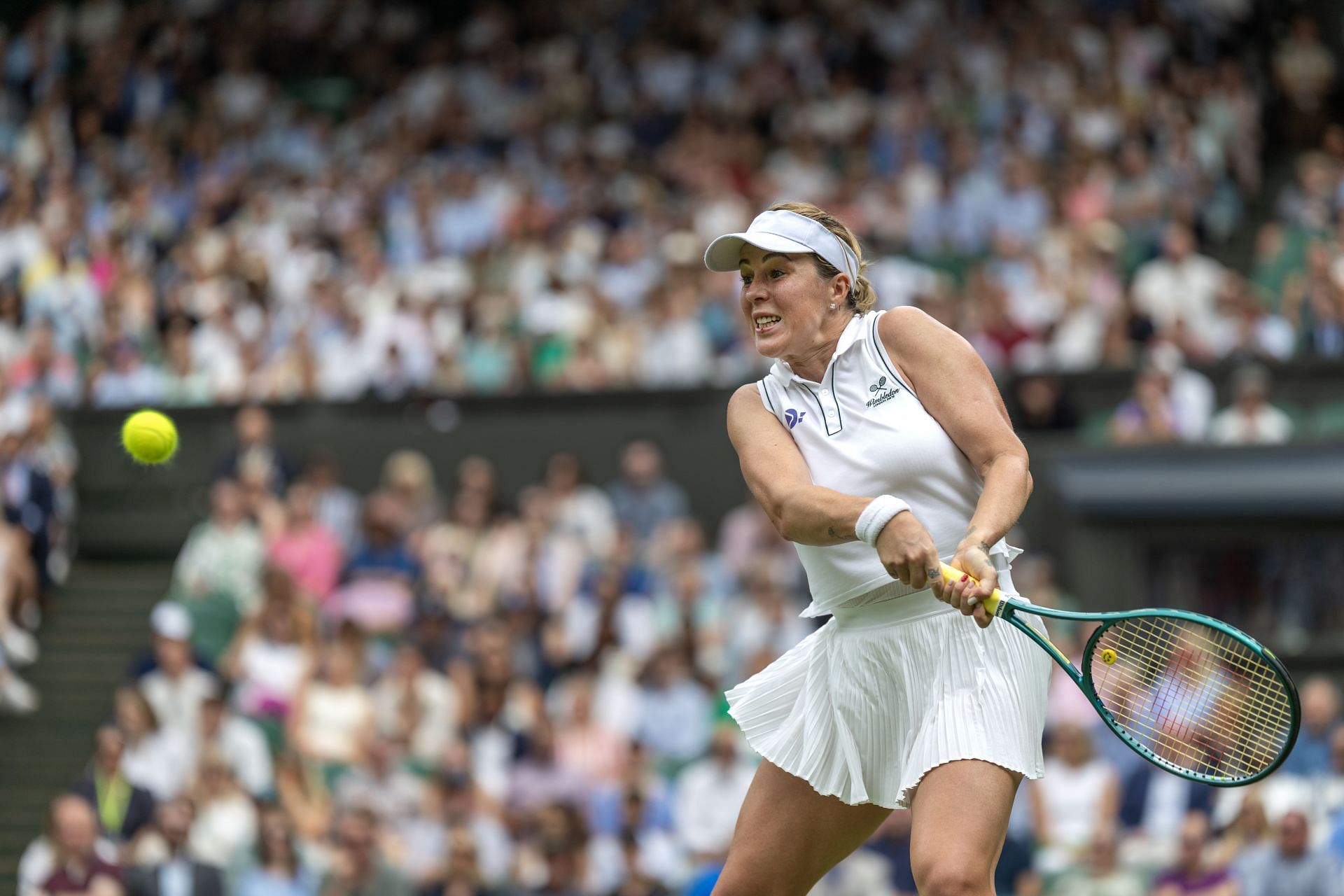 Anastasia Pavlyuchenkova strikes the ball at The Championships - Wimbledon 2025. - Source: Getty